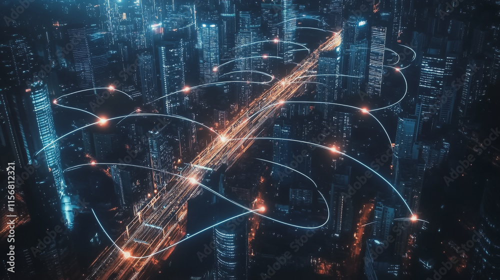 Smart digital Innovation city with connection network reciprocity over the cityscape. of future smart wireless city and social media networking systems that connects business people with in city Smart digital Innovation city with connection network reciprocity over the cityscape. of future smart wireless city and social media networking systems that connects business people with in city
