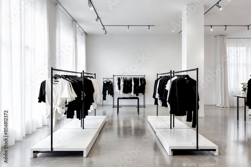 Minimalist Fashion Boutique Interior with Monochrome Clothing Display on Sleek Racks photo