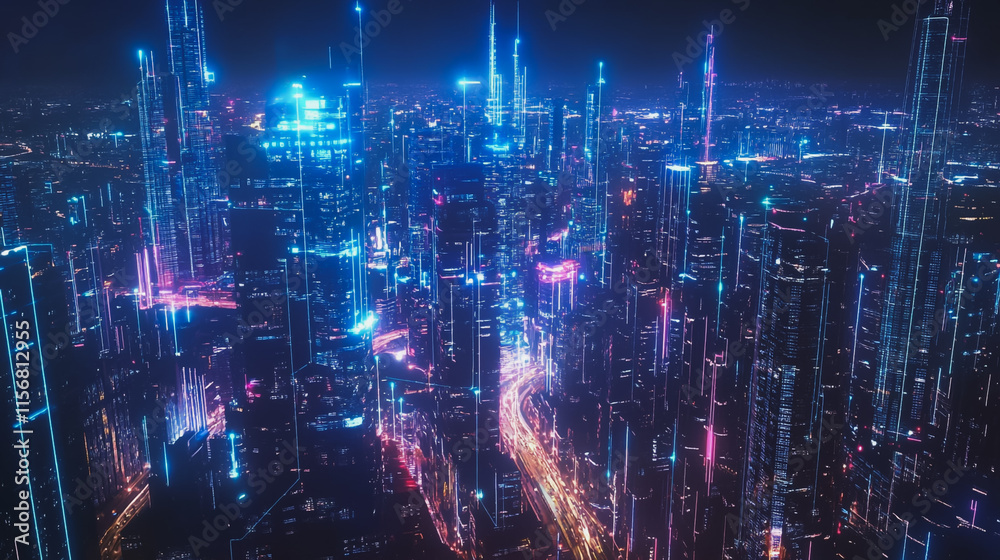 Smart digital Innovation city with connection network reciprocity over the cityscape. of future smart wireless city and social media networking systems that connects business people with in city