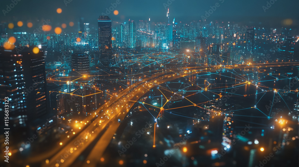 Fototapeta premium Smart digital Innovation city with connection network reciprocity over the cityscape. of future smart wireless city and social media networking systems that connects business people with in city