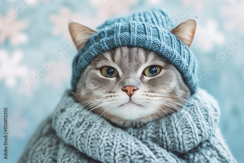 Wallpaper Mural cat wearing a blue hat and a blue scarf. The cat has a serious expression on its face Torontodigital.ca
