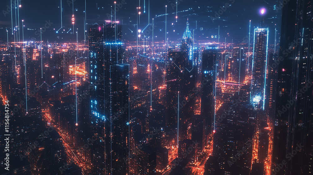 Smart digital Innovation city with connection network reciprocity over the cityscape. of future smart wireless city and social media networking systems that connects business people with in city