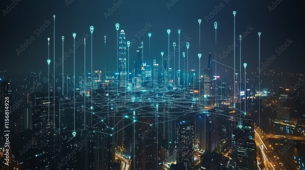 Obraz premium Smart digital Innovation city with connection network reciprocity over the cityscape. of future smart wireless city and social media networking systems that connects business people with in city