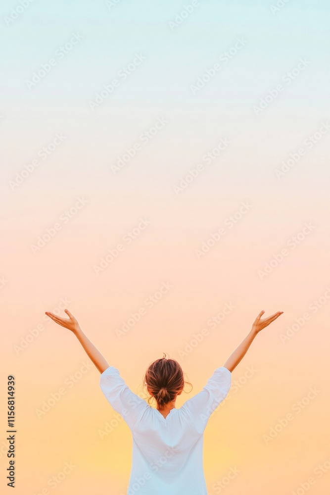 Serene Silhouette of Woman Embracing Sunset Sky in Tranquil Evening Scene Serene Silhouette of Woman Embracing Sunset Sky in Tranquil Evening Scene