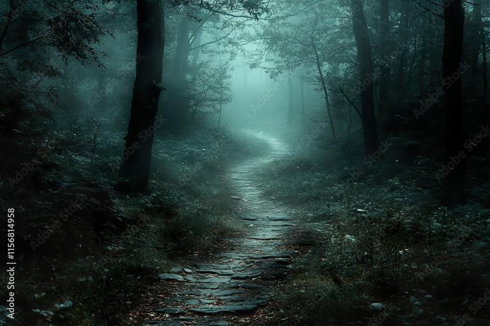 Naklejka premium Misty Forest Path Winding Deep Into Woods