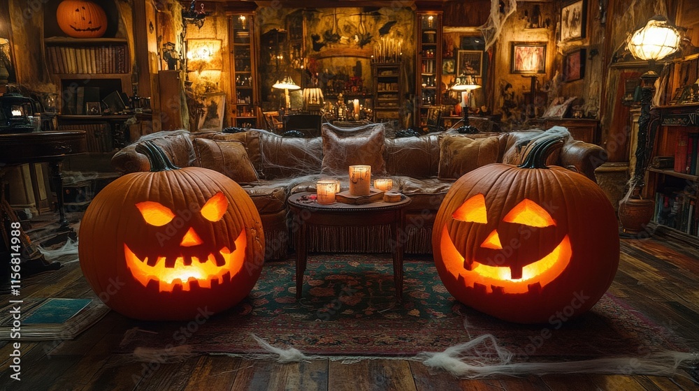 Fototapeta premium Cozy and Spooky Halloween Living Room with Carved Jack-o'-Lanterns, Candles, and Vintage Decor Set Against an Eerie Atmospheric Background