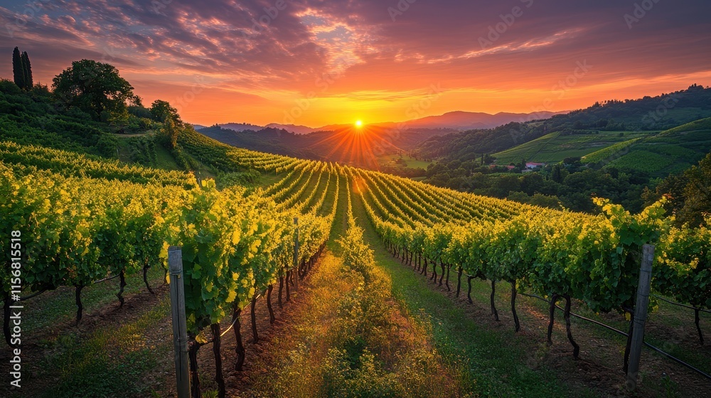 Naklejka premium Sun setting over a vineyard