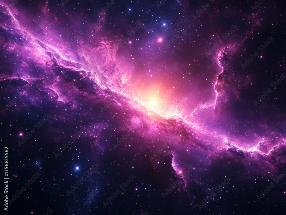 Obraz premium A vibrant cosmic scene depicting a supernova explosion with radiant purple and pink hues set against a backdrop of countless stars in deep space.