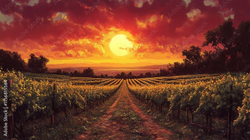 Naklejka premium Sun setting over a vineyard