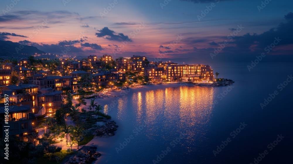 Naklejka premium Elevated Landscape Perspectives, 3D Rendering of Coastal Resort at Dusk