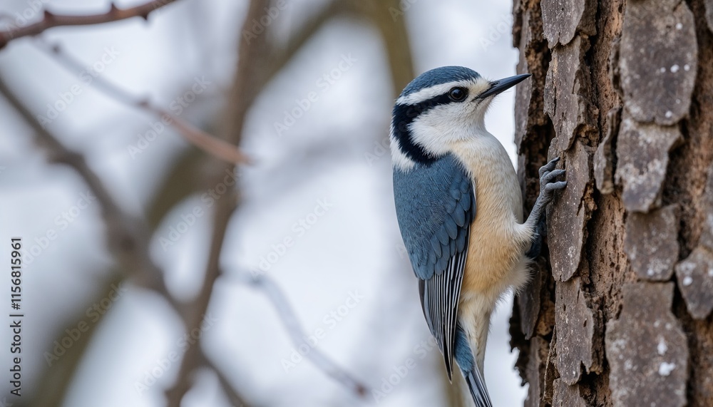 Obraz premium Close-up of a white-breasted nuthatch perched on a tree trunk 