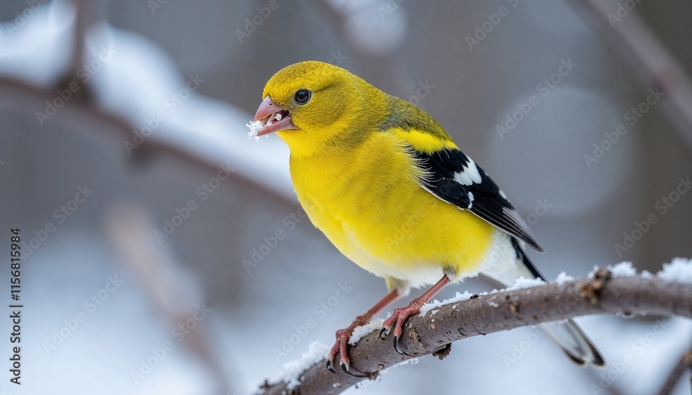 Fototapeta premium Close-up of a bright yellow American goldfinch perched on a snowy branch 