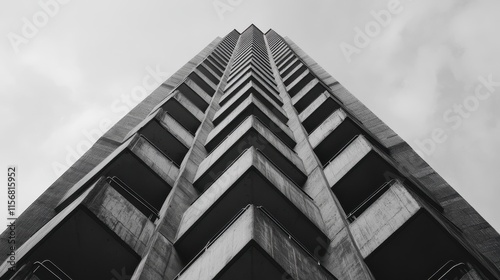 The photograph shows an upward angle of a tall, modern building, highlighting its numerous balconies with a clear view of the geometric structural design of the faÃ§ade photo