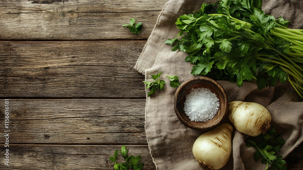 A rustic still life with celeriac, fresh parsley, and coarse salt, placed on a linen cloth over a wooden table A rustic still life with celeriac, fresh parsley, and coarse salt, placed on a linen cloth over a wooden table