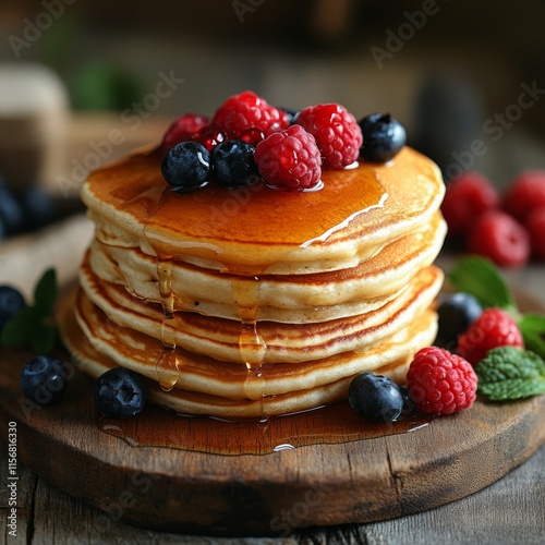 Wallpaper Mural Rustic Pancake Stack with Fresh Berries and Honey in Natural Light Torontodigital.ca