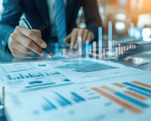 Two managers analyzing sales reports in a glass office, datadriven strategy focus photo