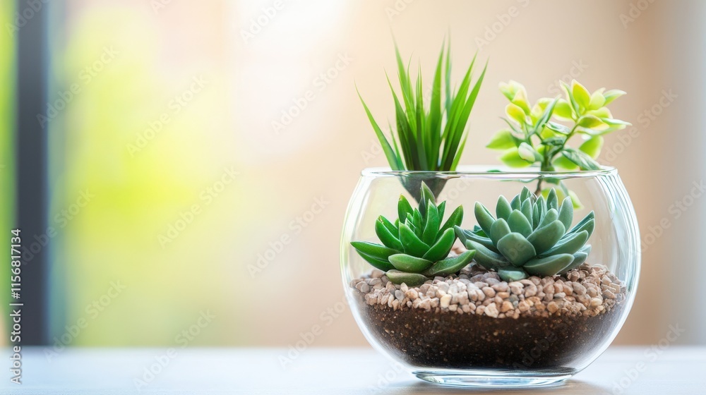 Indoor succulent garden display home photography bright light close-up