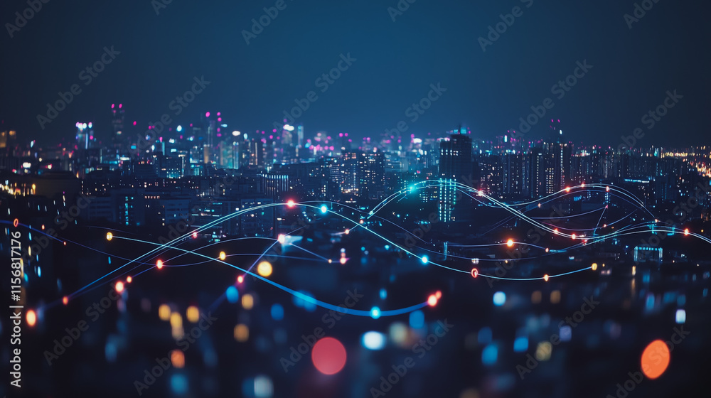 Fototapeta premium Smart digital Innovation city with connection network reciprocity over the cityscape. of future smart wireless city and social media networking systems that connects business people with in city