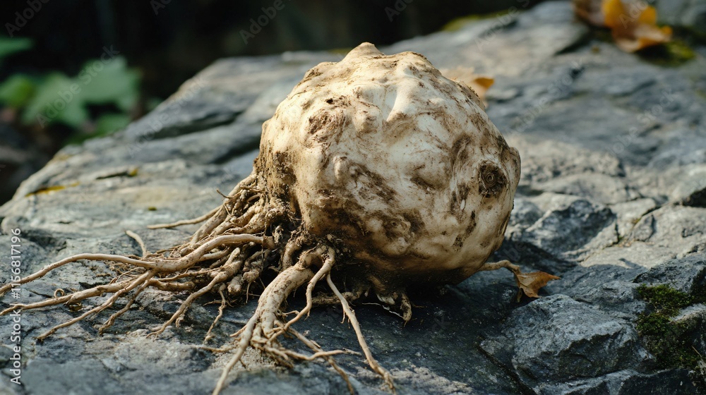 Obraz premium Celeriac plant lying on a stone surface, with natural light highlighting its earthy tones and rugged roots