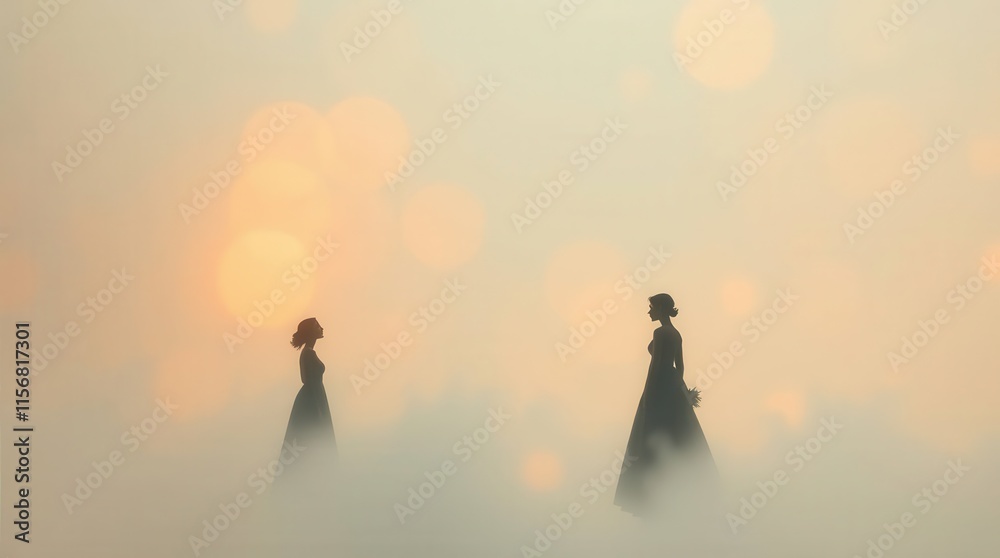 Fototapeta premium Two figures in elegant dresses stand facing each other in a foggy setting, illuminated by soft, warm light, creating a dreamy and mysterious atmosphere.