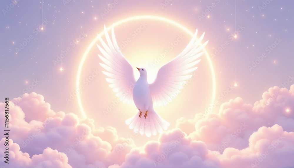 Glowing white dove with light rays in pastel lavender sky Glowing white dove with light rays in pastel lavender sky