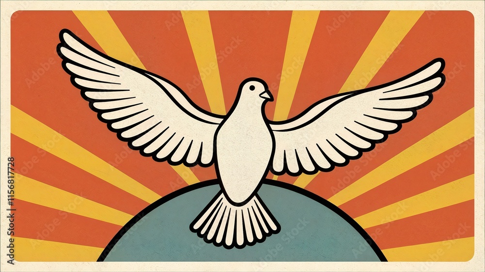 Fototapeta premium Peace dove flying over globe with sunburst background