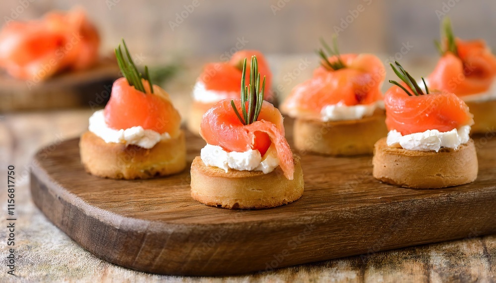 Festive Bites Smoked Salmon Canapes with Cream Cheese and Rosemary Garnishes on a Rustic Wooden Board Festive Bites Smoked Salmon Canapes with Cream Cheese and Rosemary Garnishes on a Rustic Wooden Board