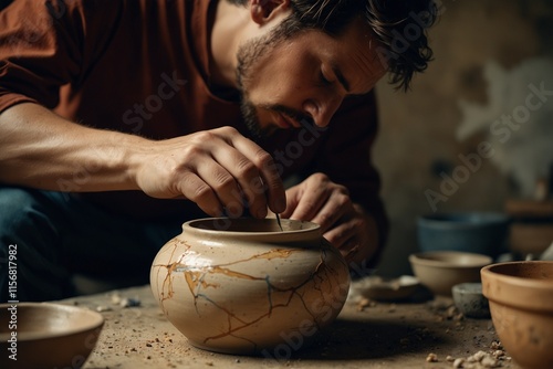 Close-Up of a Craftsman Creating Handmade Pottery in the Kintsugi Style