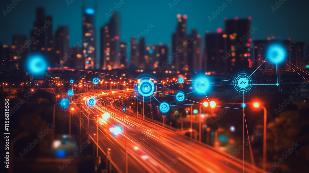 Fototapeta premium Smart digital Innovation city with connection network reciprocity over the cityscape. of future smart wireless city and social media networking systems that connects business people with in city