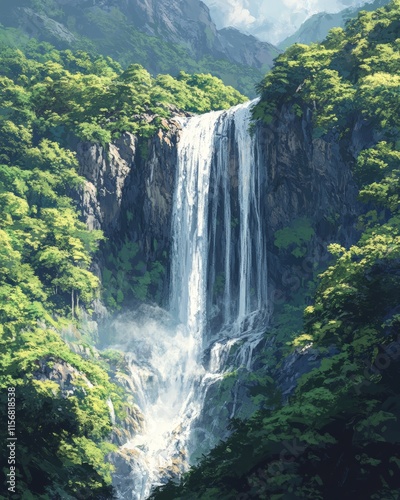 Elevated Landscape Perspectives, Majestic Waterfall Surrounded by Lush Greenery