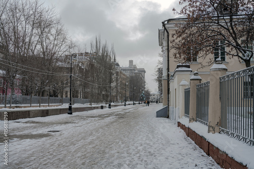 Snowy Moscow. Street view on a winter day.