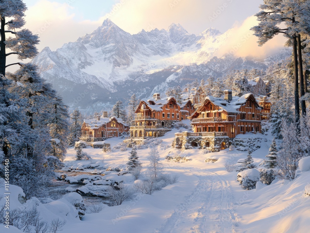 Fototapeta premium A picturesque snowy village nestled behind majestic mountains, with charming wooden cabins and frosty trees under a clear winter sky.