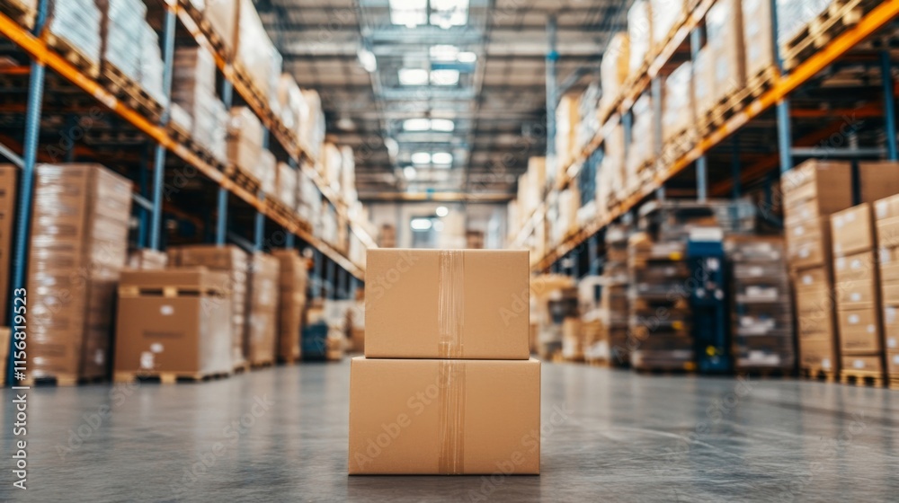 A warehouse filled with stacked boxes, showcasing a well-organized storage space with a focus on logistics and inventory management. A warehouse filled with stacked boxes, showcasing a well-organized storage space with a focus on logistics and inventory management.