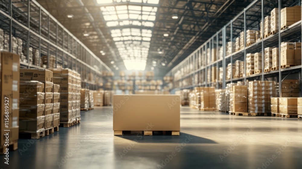 A spacious warehouse filled with stacked pallets and a central, empty box, illuminated by natural light from the overhead windows. A spacious warehouse filled with stacked pallets and a central, empty box, illuminated by natural light from the overhead windows.
