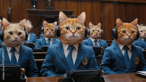 A humorous scene featuring cats in suits with headphones, resembling a formal meeting or committee.