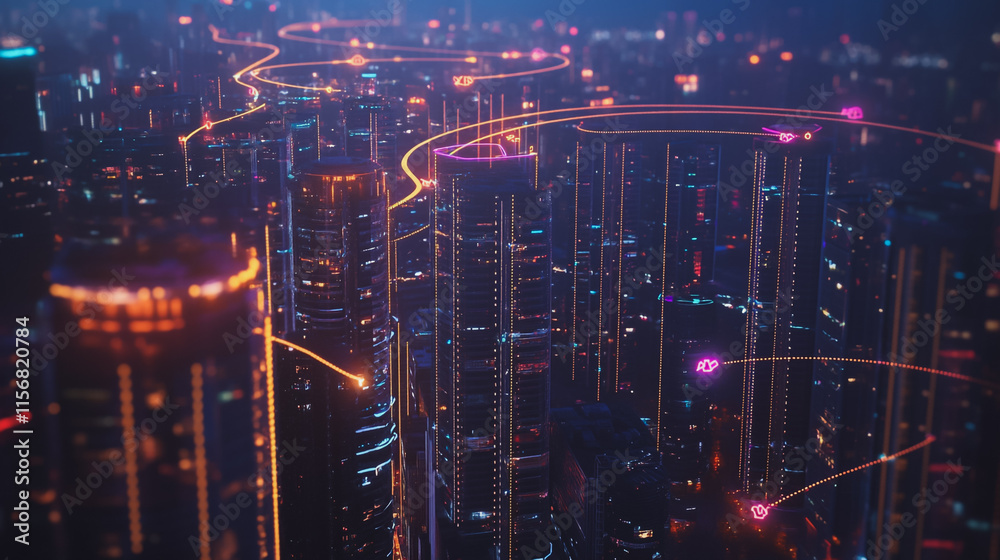 Fototapeta premium Smart digital Innovation city with connection network reciprocity over the cityscape. of future smart wireless city and social media networking systems that connects business people with in city