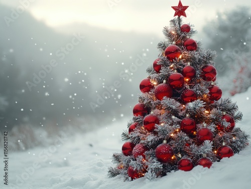 A beautifully decorated Christmas tree with red ornaments and a star topper stands in a snowy landscape, creating a cozy and festive winter scene. photo