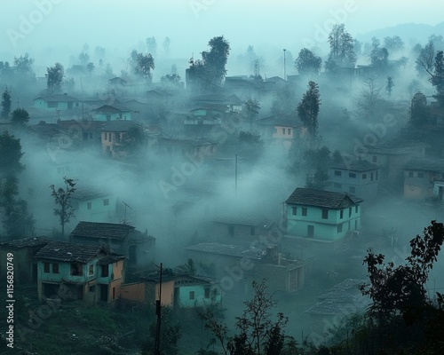 Foggy Winter Morning in Rural Village Capturing Natures Mystique and Seasonal Changes photo