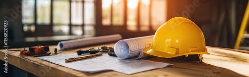 Construction planning action job site work materials indoor environment close-up viewpoint project management concept