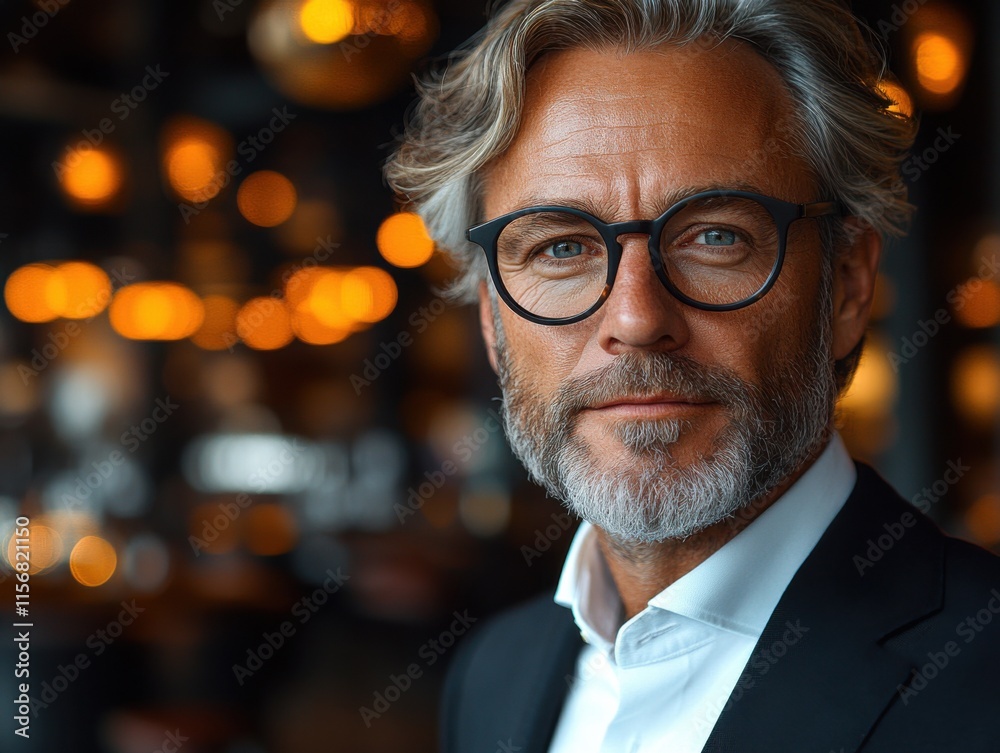A confident, mature businessman in glasses and a suit smiles subtly against a warmly lit, blurred background. He exudes professionalism and charisma. A confident, mature businessman in glasses and a suit smiles subtly against a warmly lit, blurred background. He exudes professionalism and charisma.