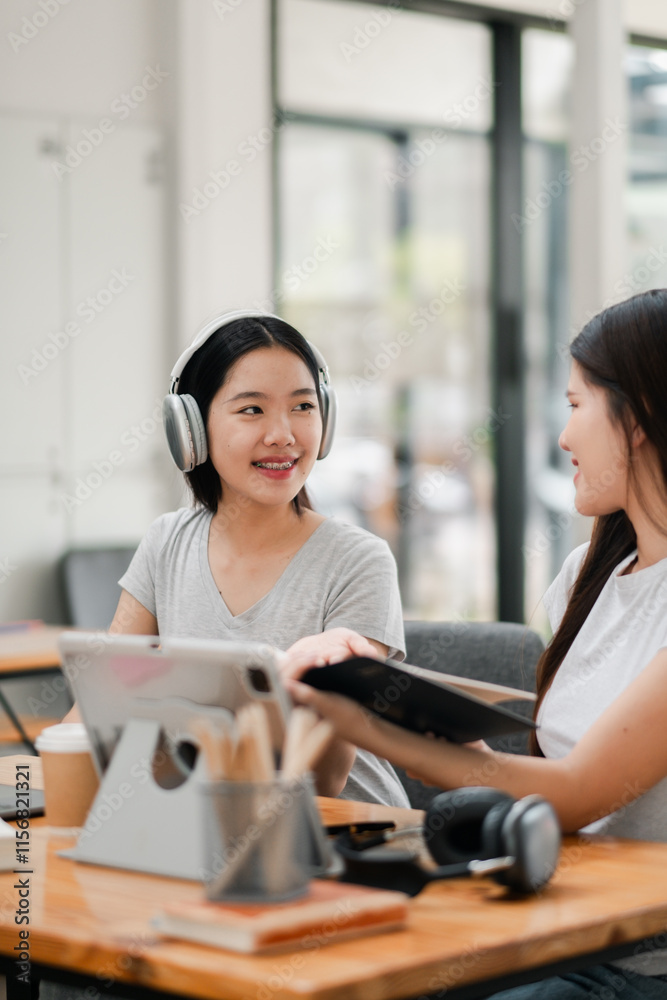 Two young women engaged in a collaborative discussion in a modern office setting, using technology and headphones. Two young women engaged in a collaborative discussion in a modern office setting, using technology and headphones.