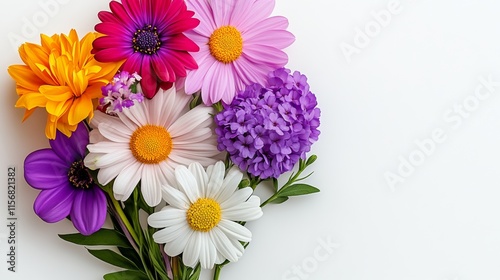 Bouquet of flowers with a white background. The flowers are of different colors and sizes, including purple, pink, yellow, and orange. The arrangement is full and vibrant, creating a cheerful