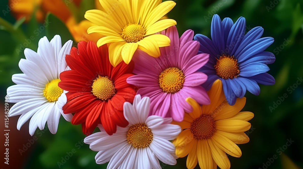 Fototapeta premium Bouquet of colorful flowers with a variety of colors including white, red, yellow, blue, and purple