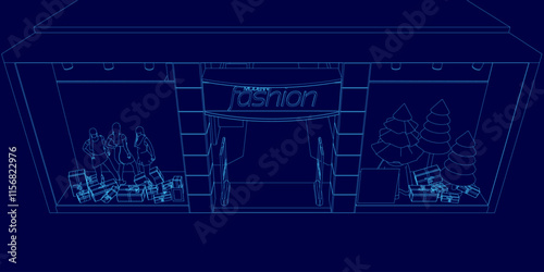 The image is a blue drawing of a building