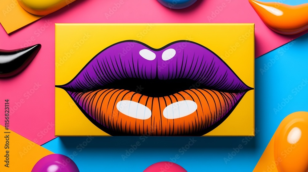 Vibrant and colorful box featuring a purple and orange lip design. The box is placed on a colorful background, creating a visually appealing and eye-catching display Vibrant and colorful box featuring a purple and orange lip design. The box is placed on a colorful background, creating a visually appealing and eye-catching display