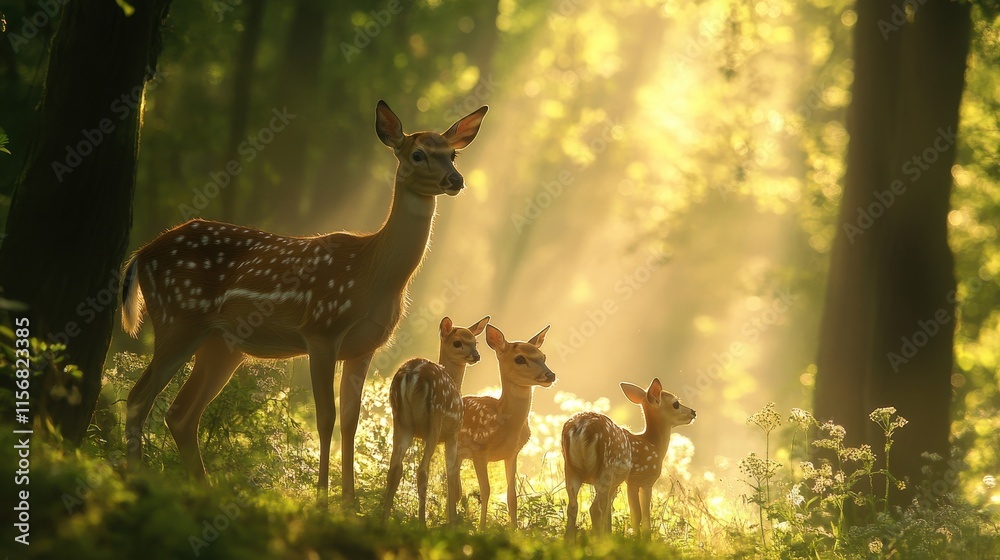 A family of deer foraging in a sun-dappled forest. A family of deer foraging in a sun-dappled forest.