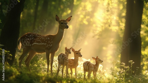 A family of deer foraging in a sun-dappled forest.