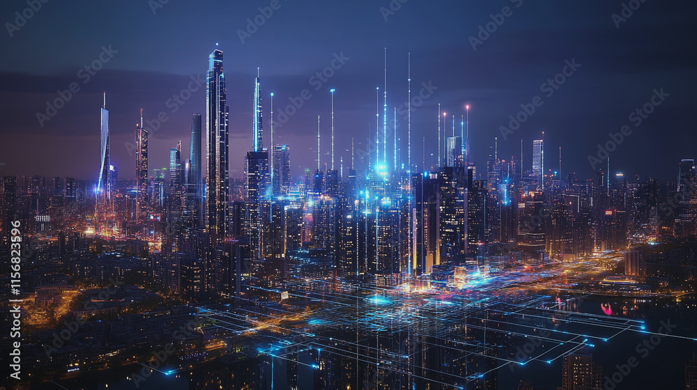 Fototapeta premium Smart digital Innovation city with connection network reciprocity over the cityscape. of future smart wireless city and social media networking systems that connects business people with in city