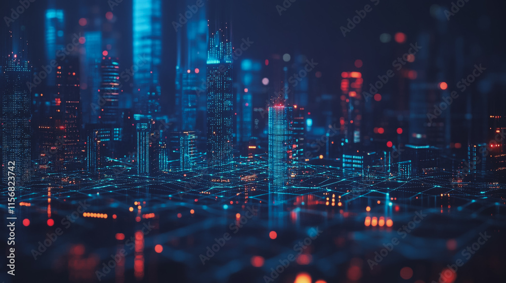 Fototapeta premium Smart digital Innovation city with connection network reciprocity over the cityscape. of future smart wireless city and social media networking systems that connects business people with in city