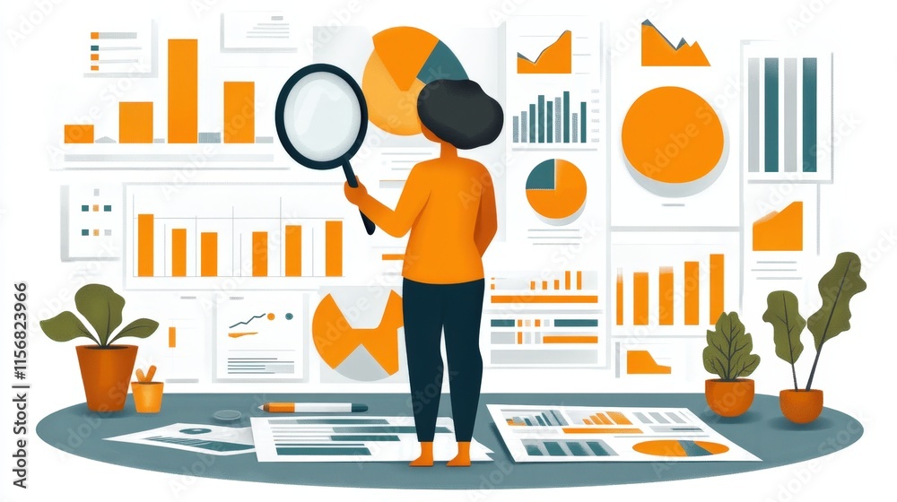 Woman analyzing data charts and graphs with magnifying glass. Woman analyzing data charts and graphs with magnifying glass.